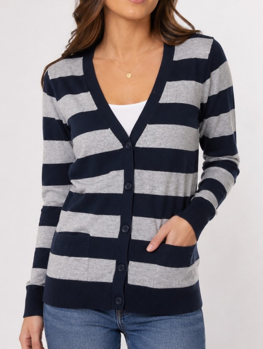 💙 Tommy Hilfiger Navy and Gray Striped V-Neck Button Up Cardigan